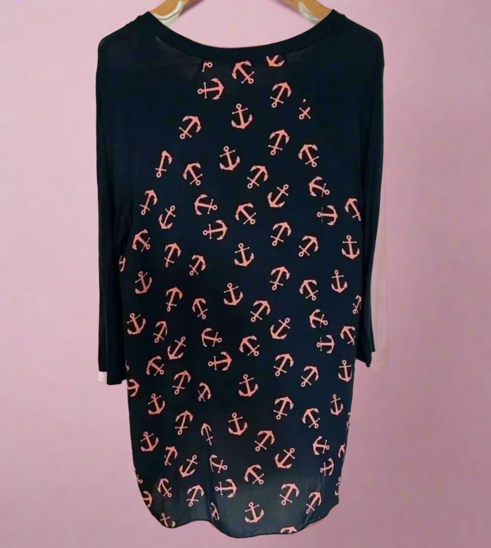 Coastal Charm Long Sleeve Top - Navy Blue Anchor Print