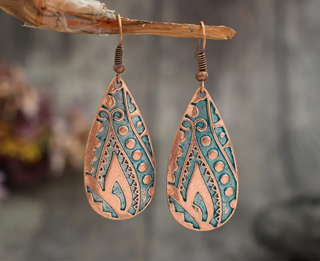 Boho-Chic Turquoise Pattern Teardrop Earrings | Vintage Copper Dangle | Southwestern Style