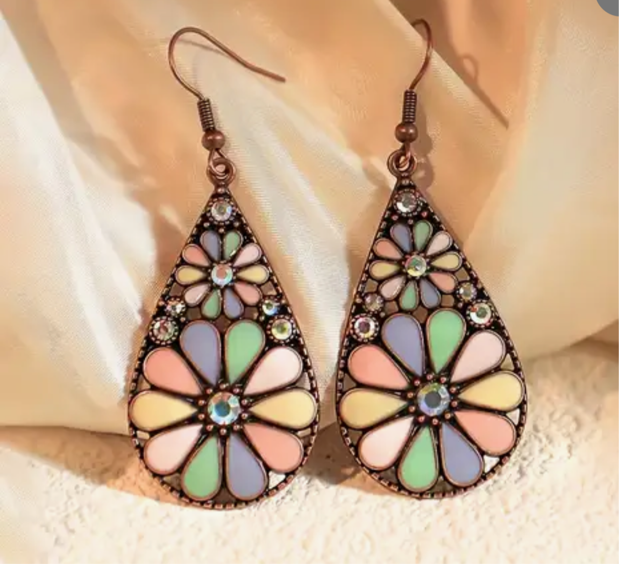 Vintage Teardrop Flower Earrings | Pastel Stained Glass Design | Antique Bronze Statement