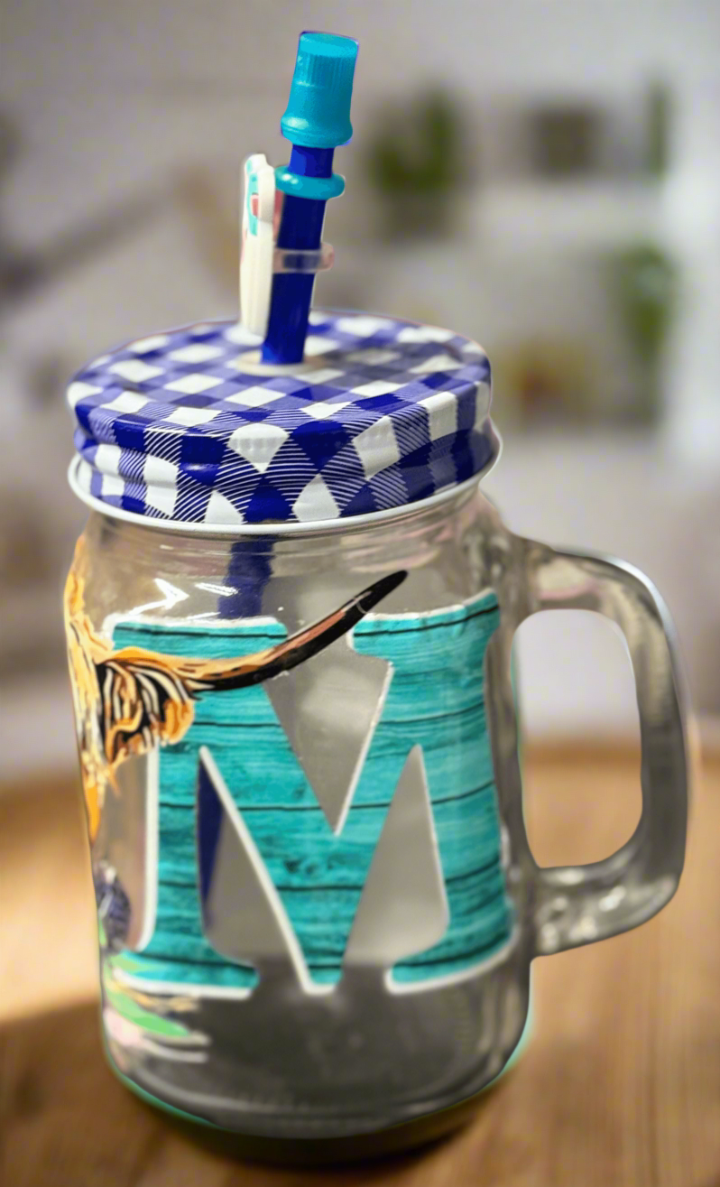🌸 **Highland Cow Floral Mason Jar**
