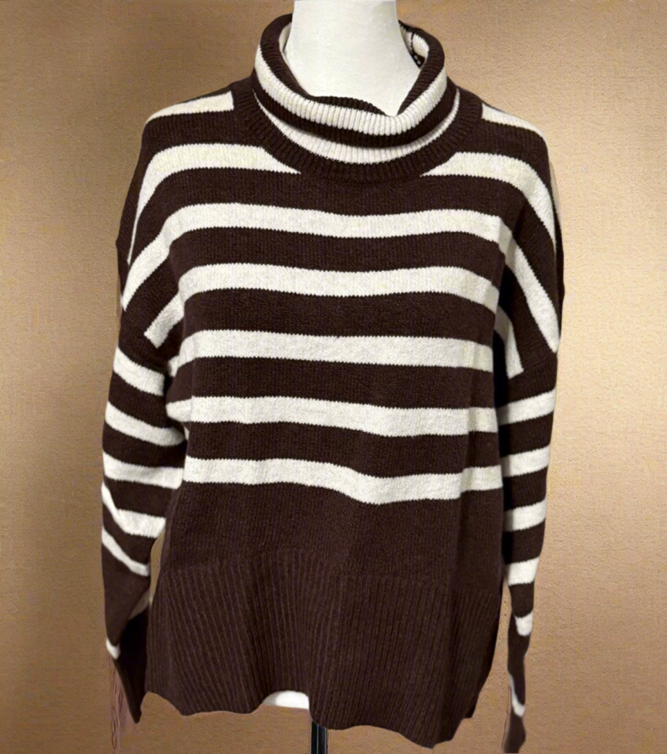 A New Day Chocolate Stripe Turtleneck Sweater - Classic Winter Comfort
