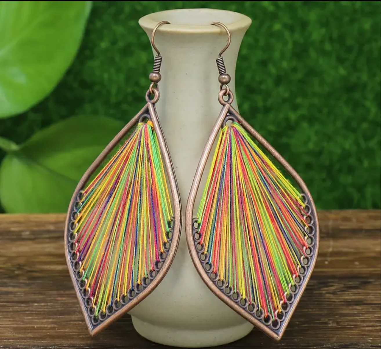 Sunset Leaf Thread Art Earrings - Handcrafted Bohemian Statement Earrings | PuzzlePieces Austin