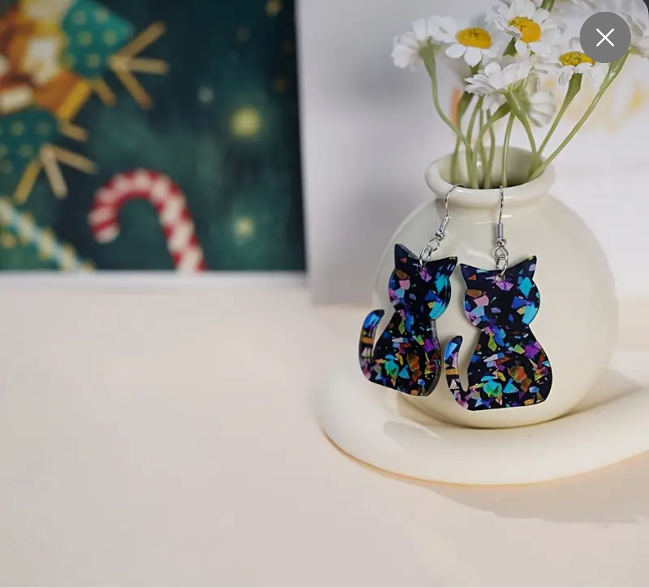 Holographic Black Cat Earrings | Rainbow Confetti Design | Stainless Steel Dangle