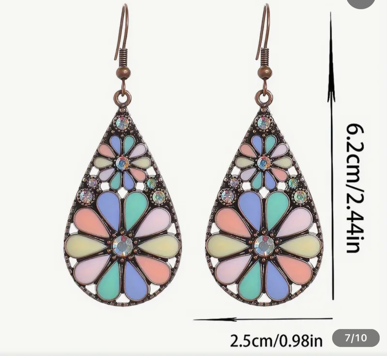 Vintage Teardrop Flower Earrings | Pastel Stained Glass Design | Antique Bronze Statement