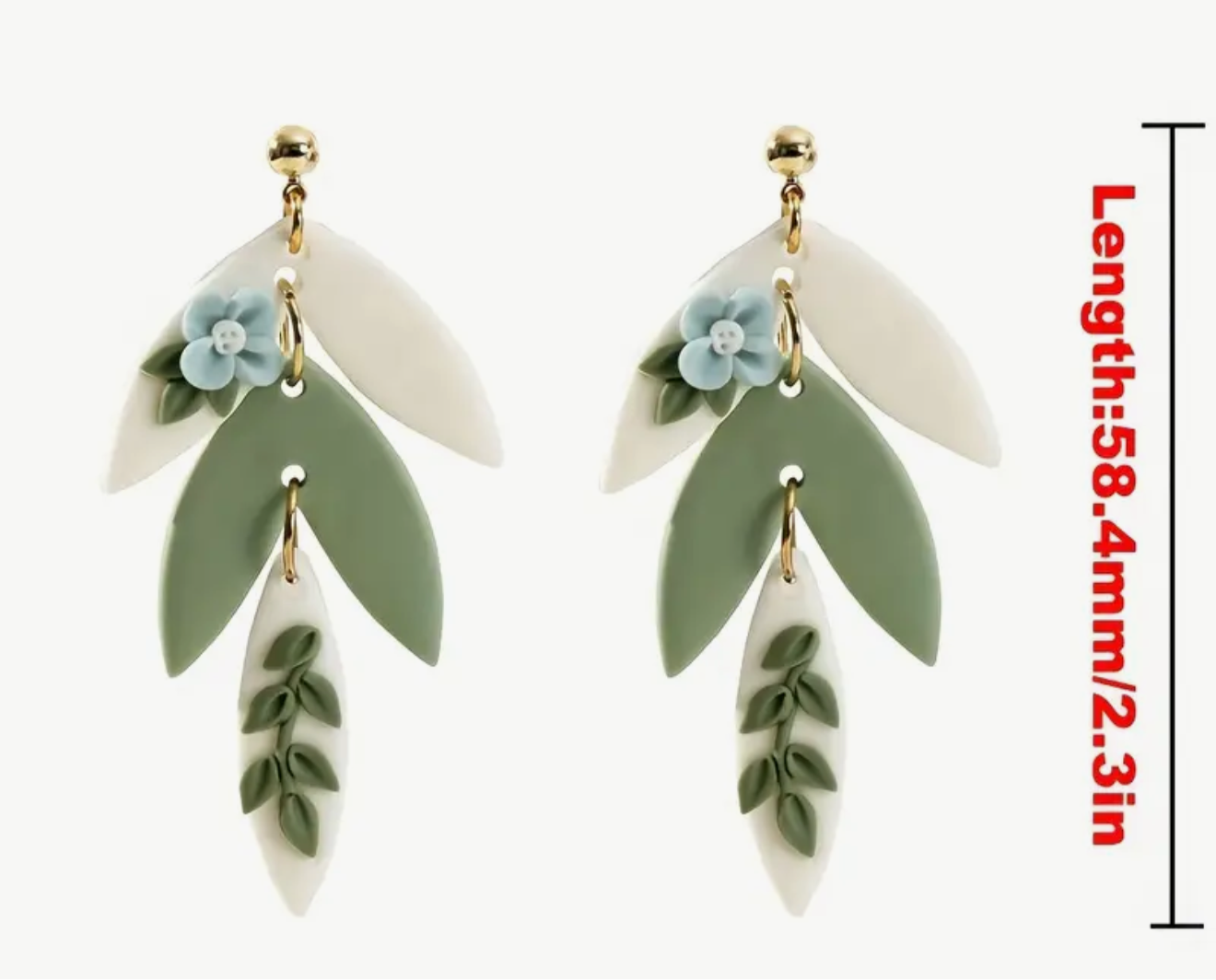 Sage Green & White Clay Flower Earrings | 3D Floral Dangle | Botanical Statement Piece