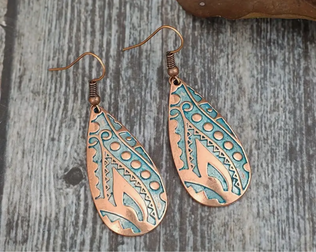 Boho-Chic Turquoise Pattern Teardrop Earrings | Vintage Copper Dangle | Southwestern Style