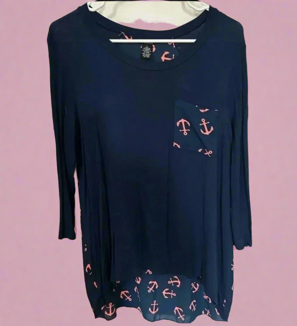 Coastal Charm Long Sleeve Top - Navy Blue Anchor Print