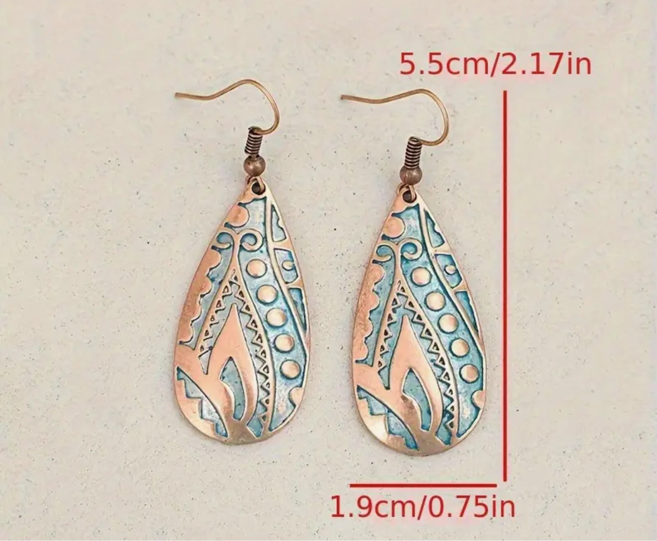 Boho-Chic Turquoise Pattern Teardrop Earrings | Vintage Copper Dangle | Southwestern Style