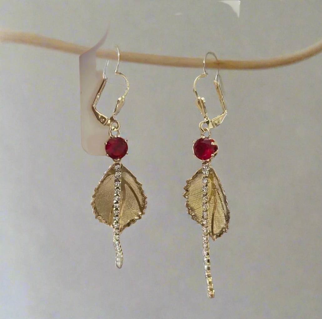 ✨ GOLDEN LEAF & RUBY DROP EARRINGS Vintage Romance | Elegant Nature - PuzzlePieces2326