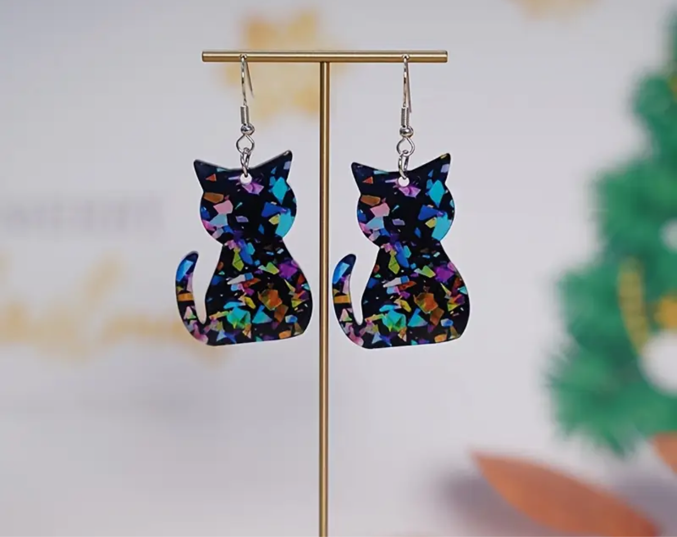 Holographic Black Cat Earrings | Rainbow Confetti Design | Stainless Steel Dangle
