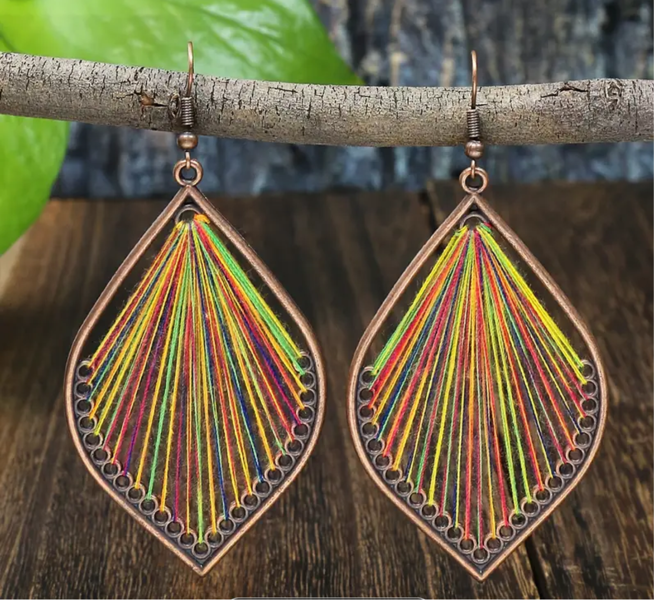 Sunset Leaf Thread Art Earrings - Handcrafted Bohemian Statement Earrings | PuzzlePieces Austin