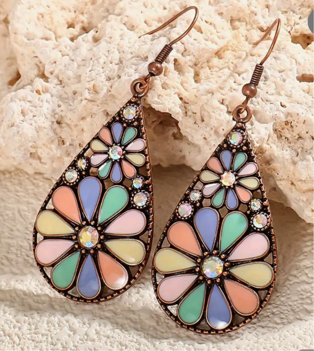 Vintage Teardrop Flower Earrings | Pastel Stained Glass Design | Antique Bronze Statement