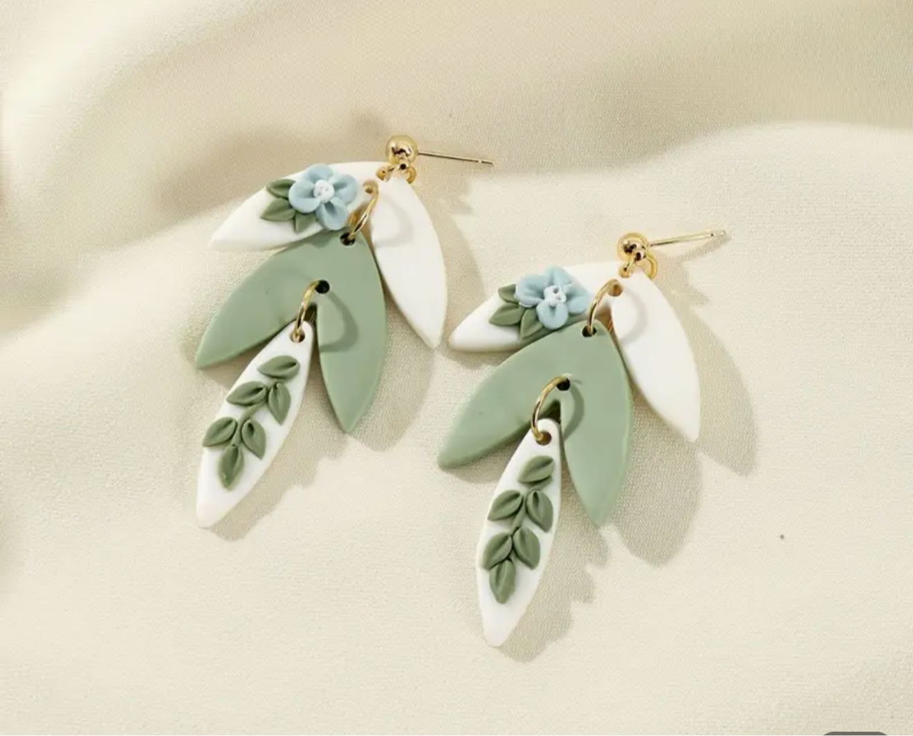 Sage Green & White Clay Flower Earrings | 3D Floral Dangle | Botanical Statement Piece
