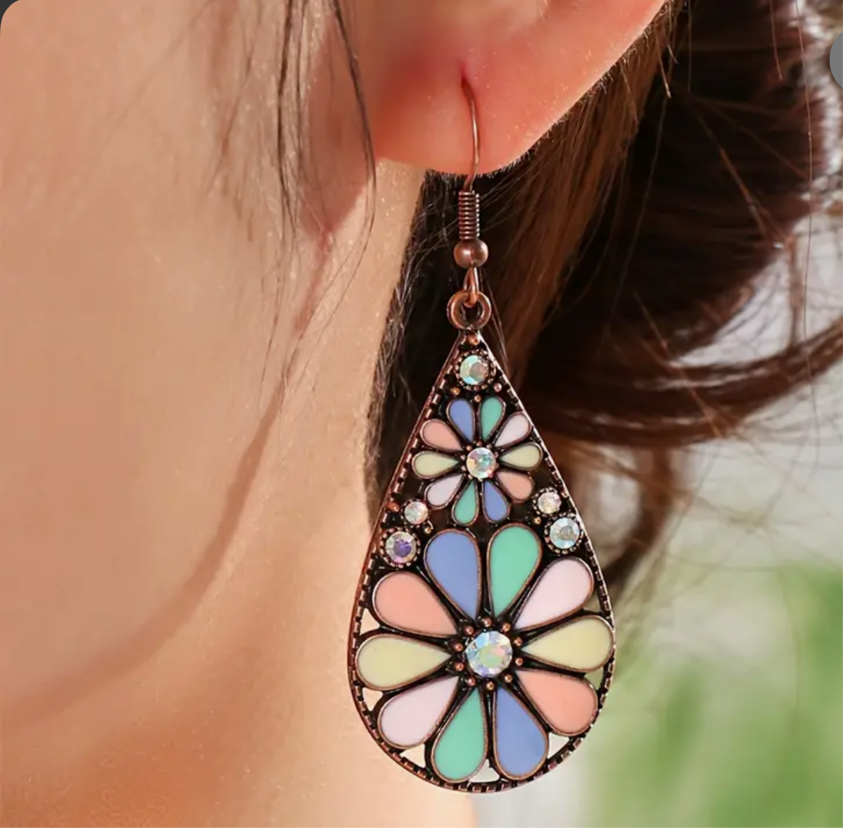 Vintage Teardrop Flower Earrings | Pastel Stained Glass Design | Antique Bronze Statement