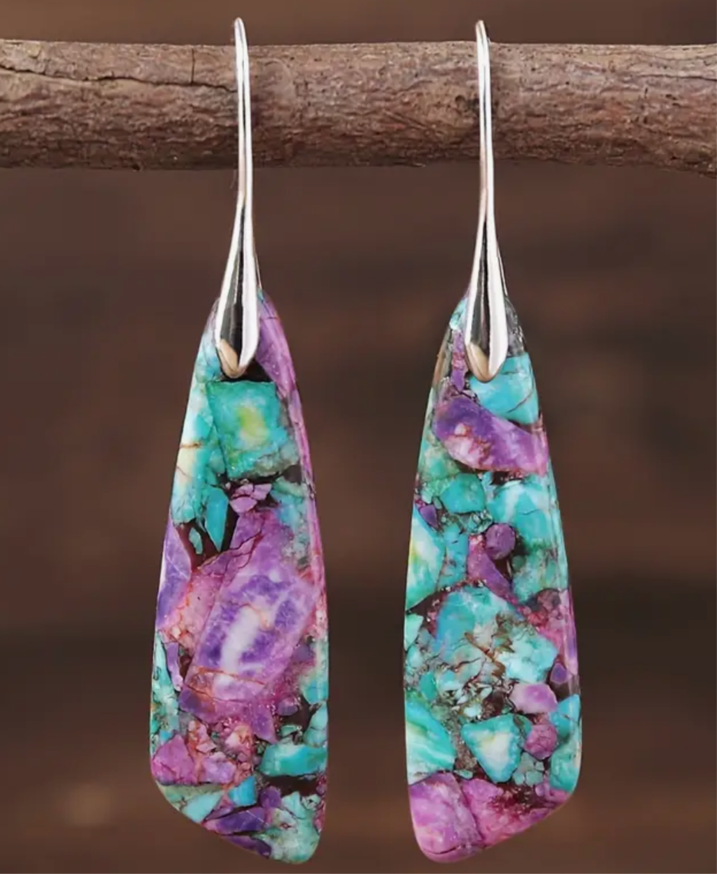 Bohemian Natural Stone Earrings | Turquoise Purple Mosaic | Handcrafted Statement Dangle