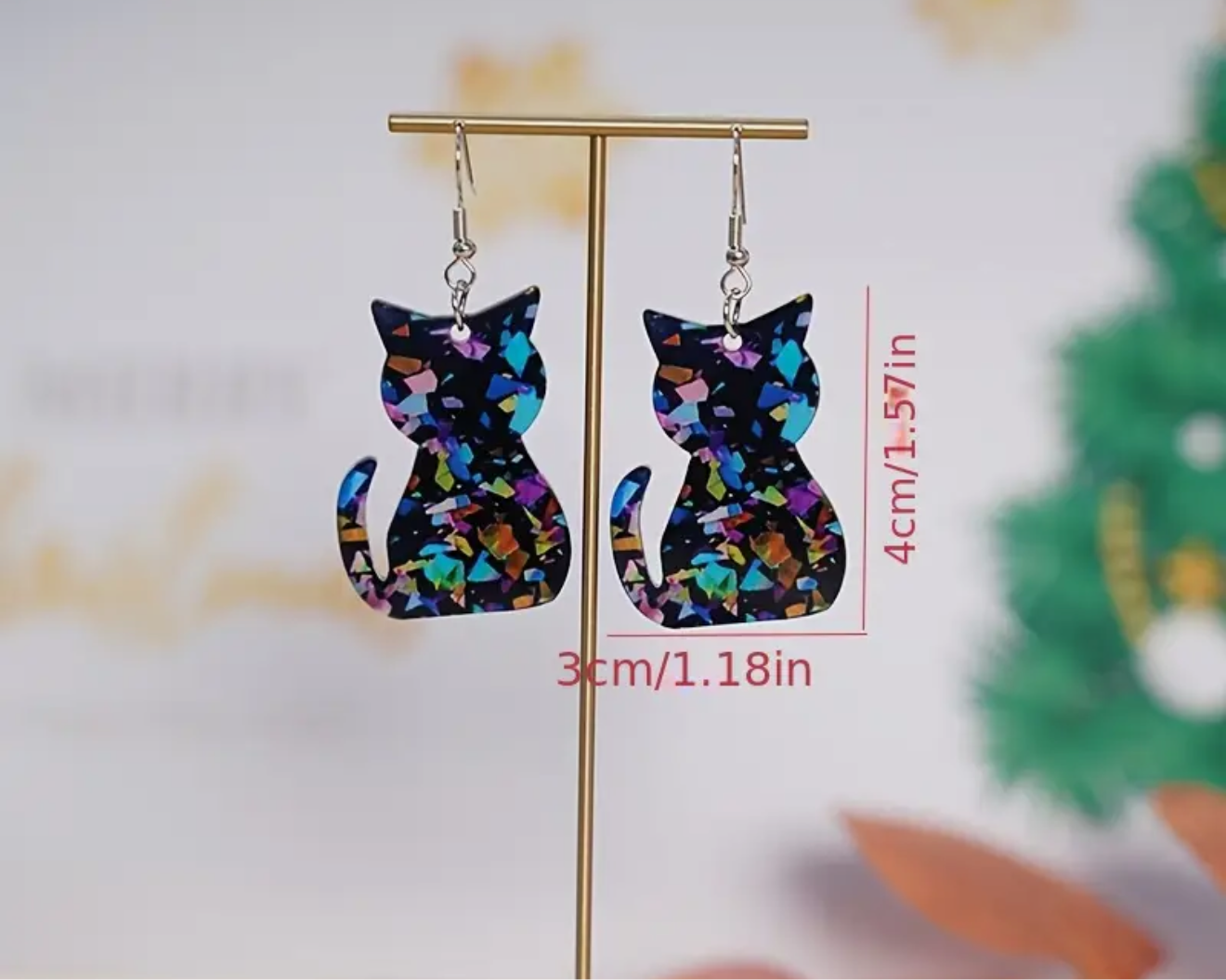 Holographic Black Cat Earrings | Rainbow Confetti Design | Stainless Steel Dangle