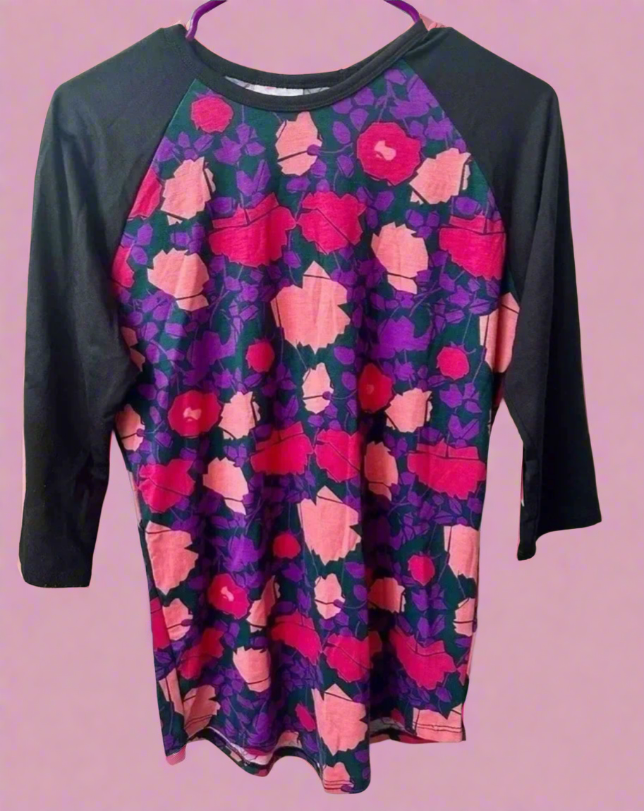 LulaRoe Blooming Garden Raglan Top - Vintage Floral 3/4 Sleeve Baseball Tee"
