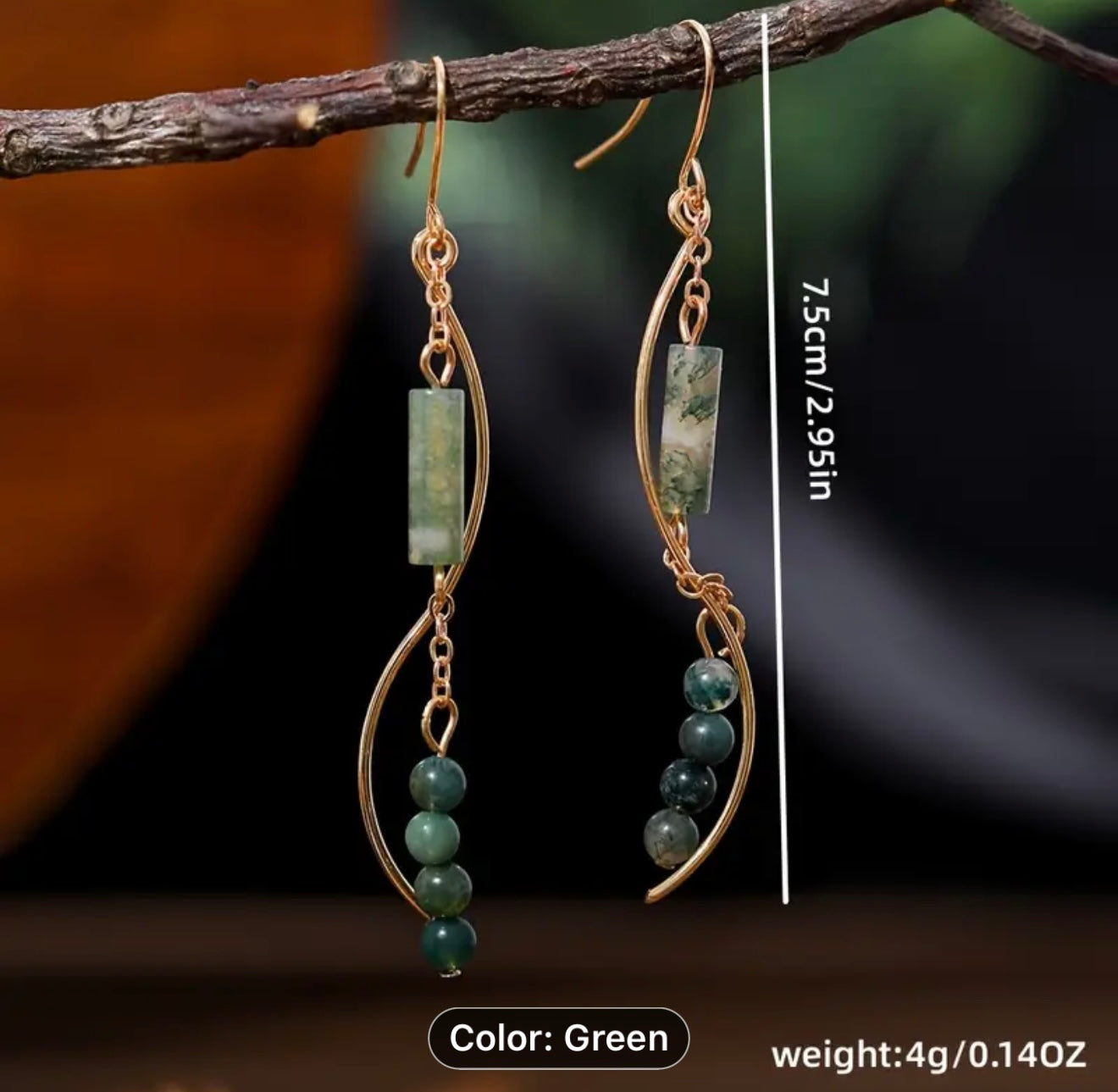 Bohemian Green Moss Agate Curved Wire Earrings - Handcrafted Austin Jewelry