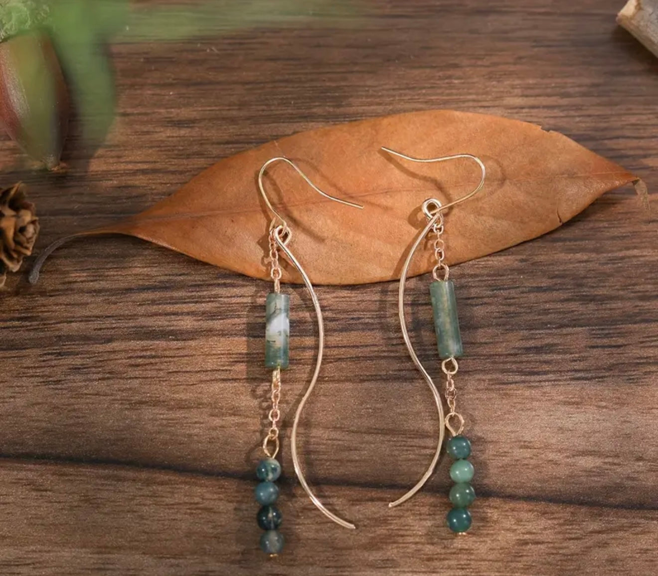 Bohemian Green Moss Agate Curved Wire Earrings - Handcrafted Austin Jewelry
