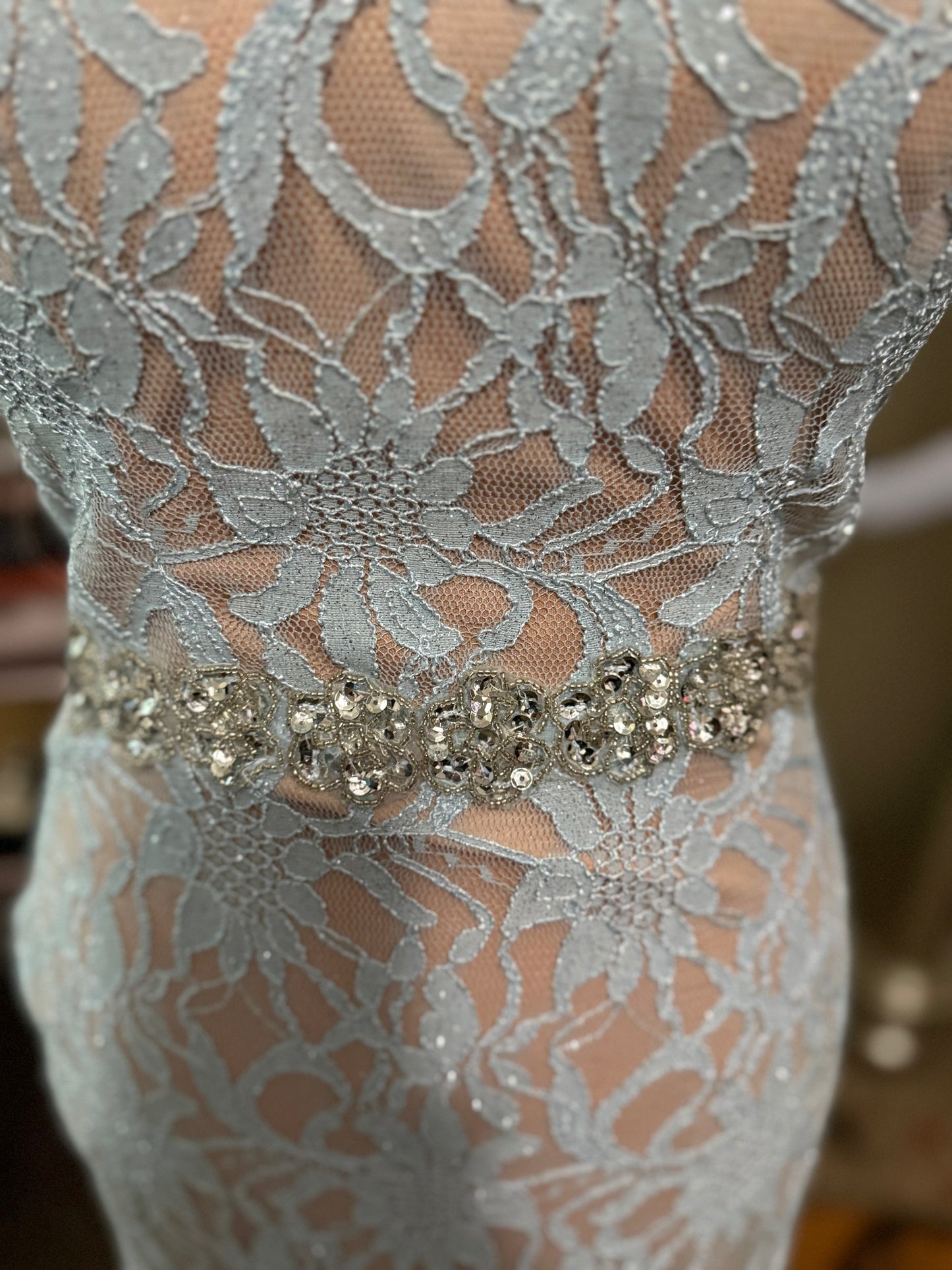 Luxe Floral Lace Evening Dress with Crystal Sash - Austin Boutique Collection | PuzzlePieces