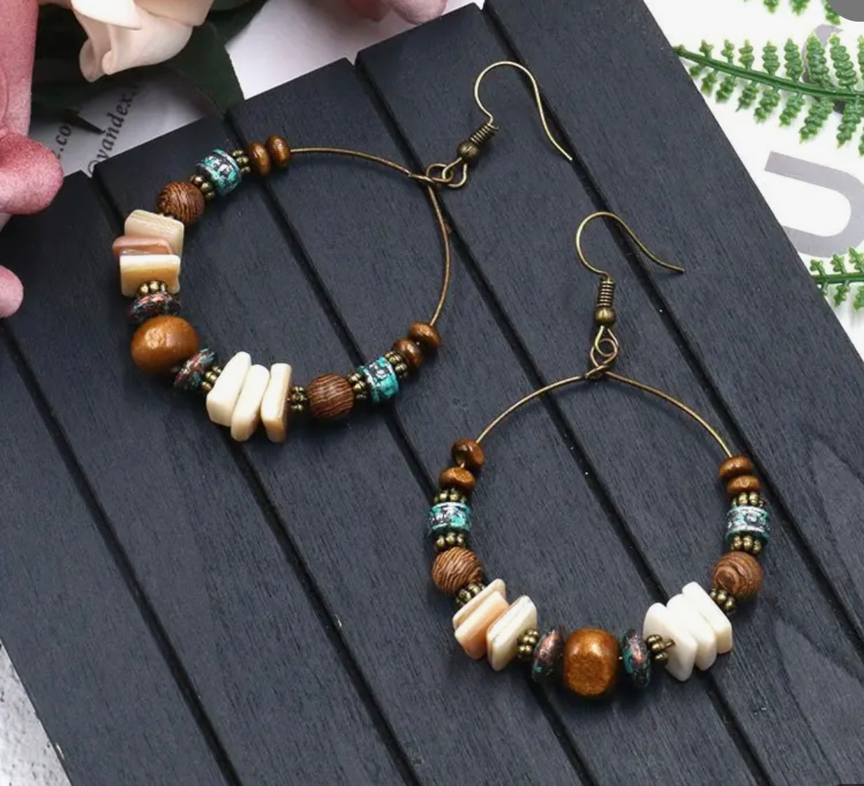 Bohemian Beach Vibes Hoop Earrings - Turquoise & Wood Beaded Design