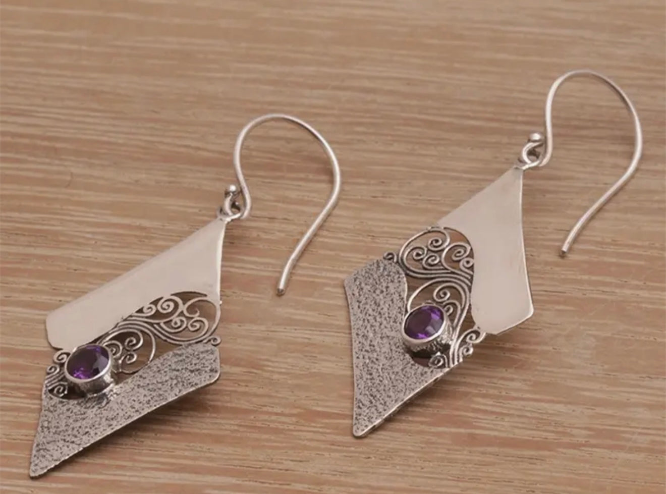 Sterling Silver Amethyst Filigree Earrings | Geometric Art Deco Design | PuzzlePieces Austin