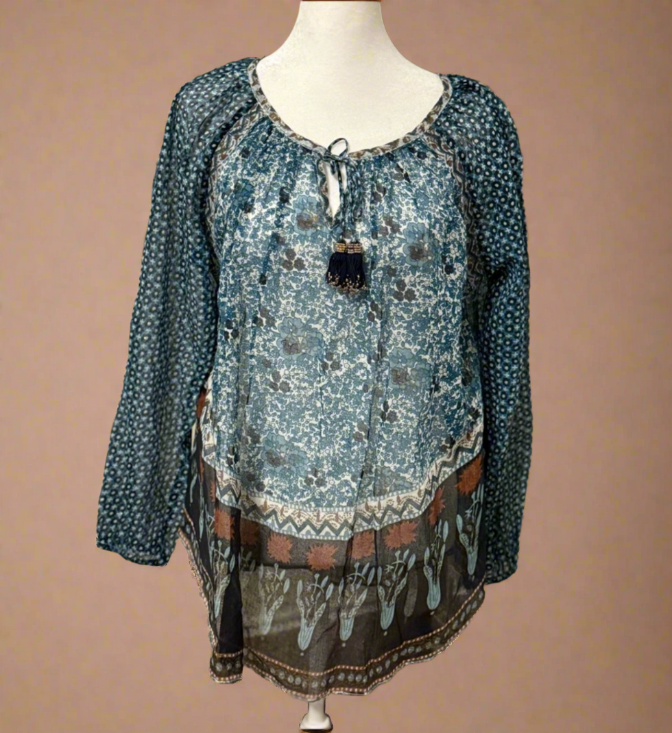 Calypso St. Barth Bohemian Dreams Blue Floral Mixed-Print Peasant Tunic | Austin Boutique Fashion