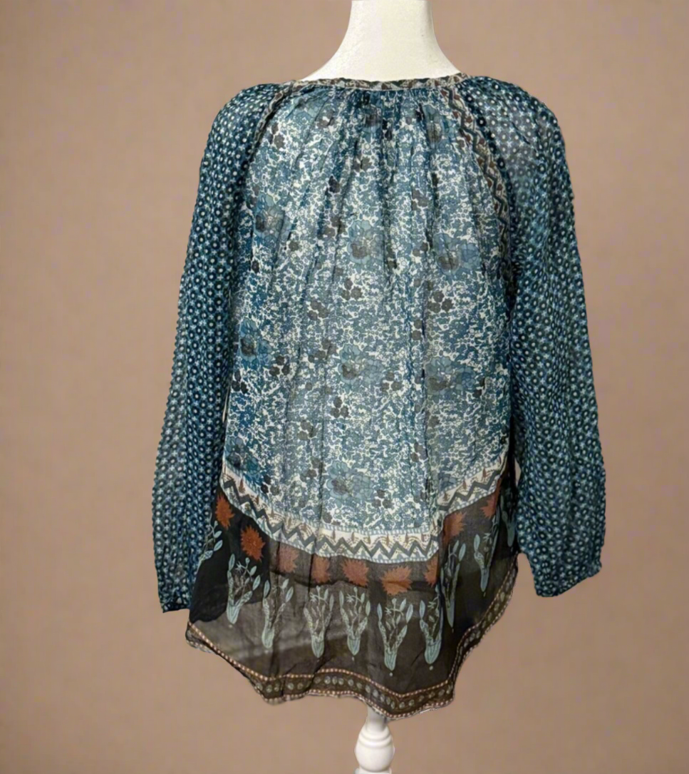 Calypso St. Barth Bohemian Dreams Blue Floral Mixed-Print Peasant Tunic | Austin Boutique Fashion