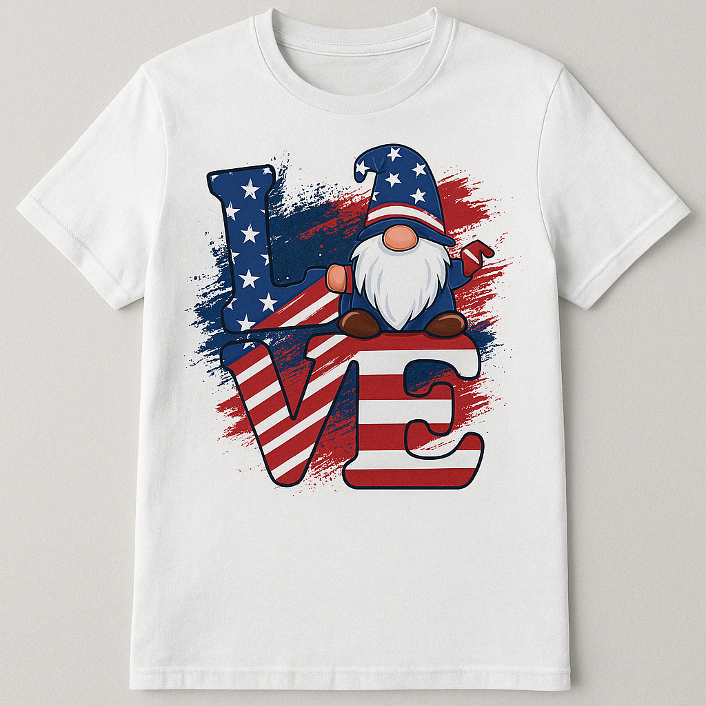 Patriotic Gnome LOVE T-Shirt | American Flag Design | Fourth of July Tee