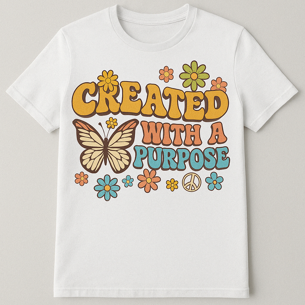 Created With A Purpose T-Shirt | Retro 70s Butterfly Design | Inspirational Mom Tee
