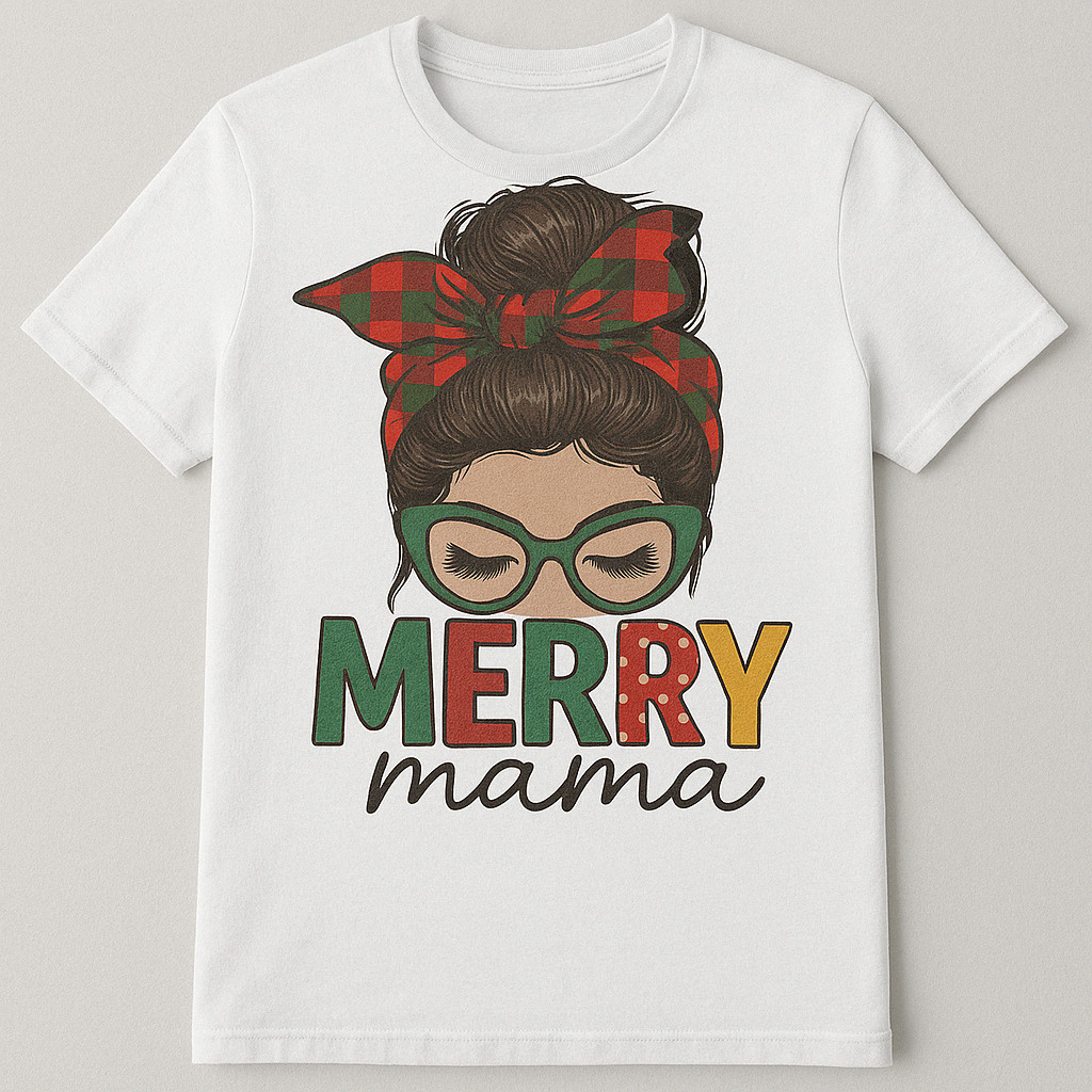 Merry Mama Christmas T-Shirt | Messy Bun Mom Life Holiday Tee | Buffalo Plaid Bow