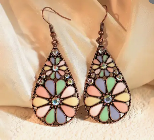 Vintage Teardrop Flower Earrings | Pastel Stained Glass Design | Antique Bronze Statement