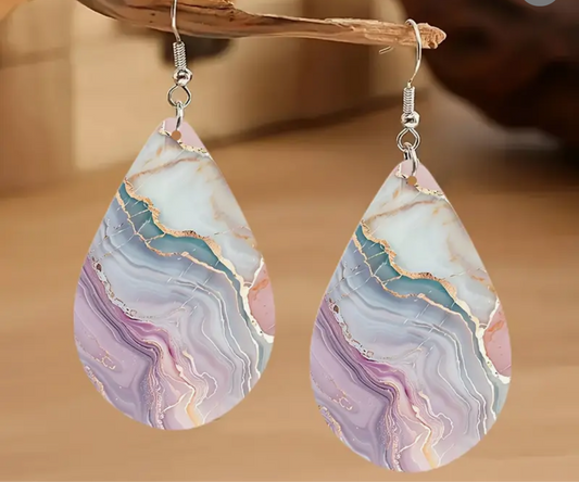 Pink Marble Teardrop Earrings | Gold Vein Art Design | Luxury Statement Dangle