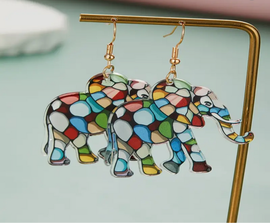 Stained Glass Elephant Earrings | Colorful Mosaic Design | Boho Statement Dangle