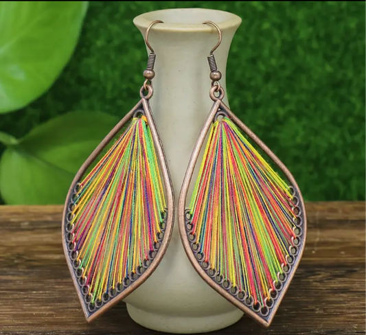 Sunset Leaf Thread Art Earrings - Handcrafted Bohemian Statement Earrings | PuzzlePieces Austin