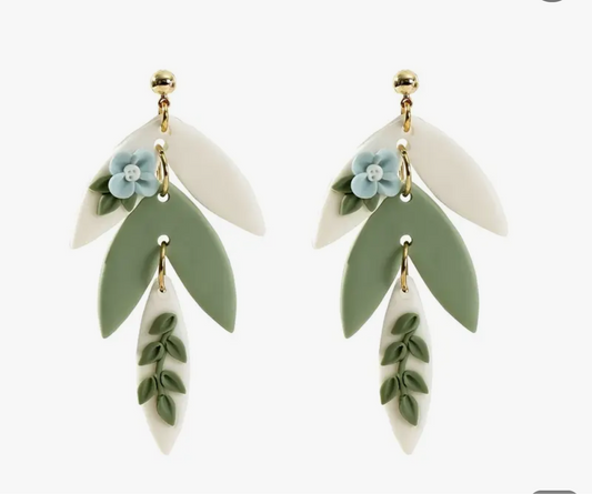 Sage Green & White Clay Flower Earrings | 3D Floral Dangle | Botanical Statement Piece