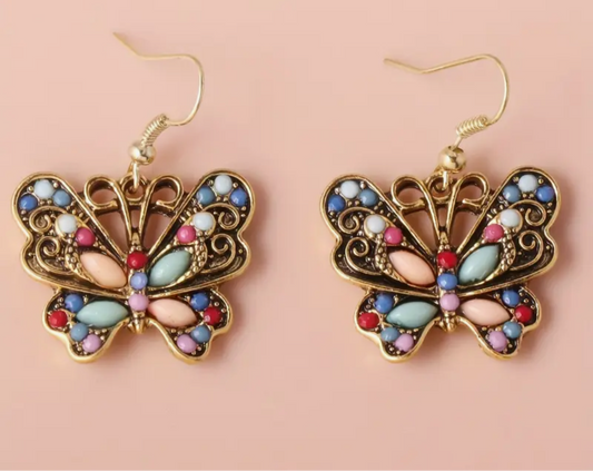 Bohemian Butterfly Earrings | Vintage Gold & Pastel | Antique-Style Statement Piece