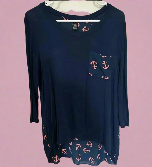 Coastal Charm Long Sleeve Top - Navy Blue Anchor Print