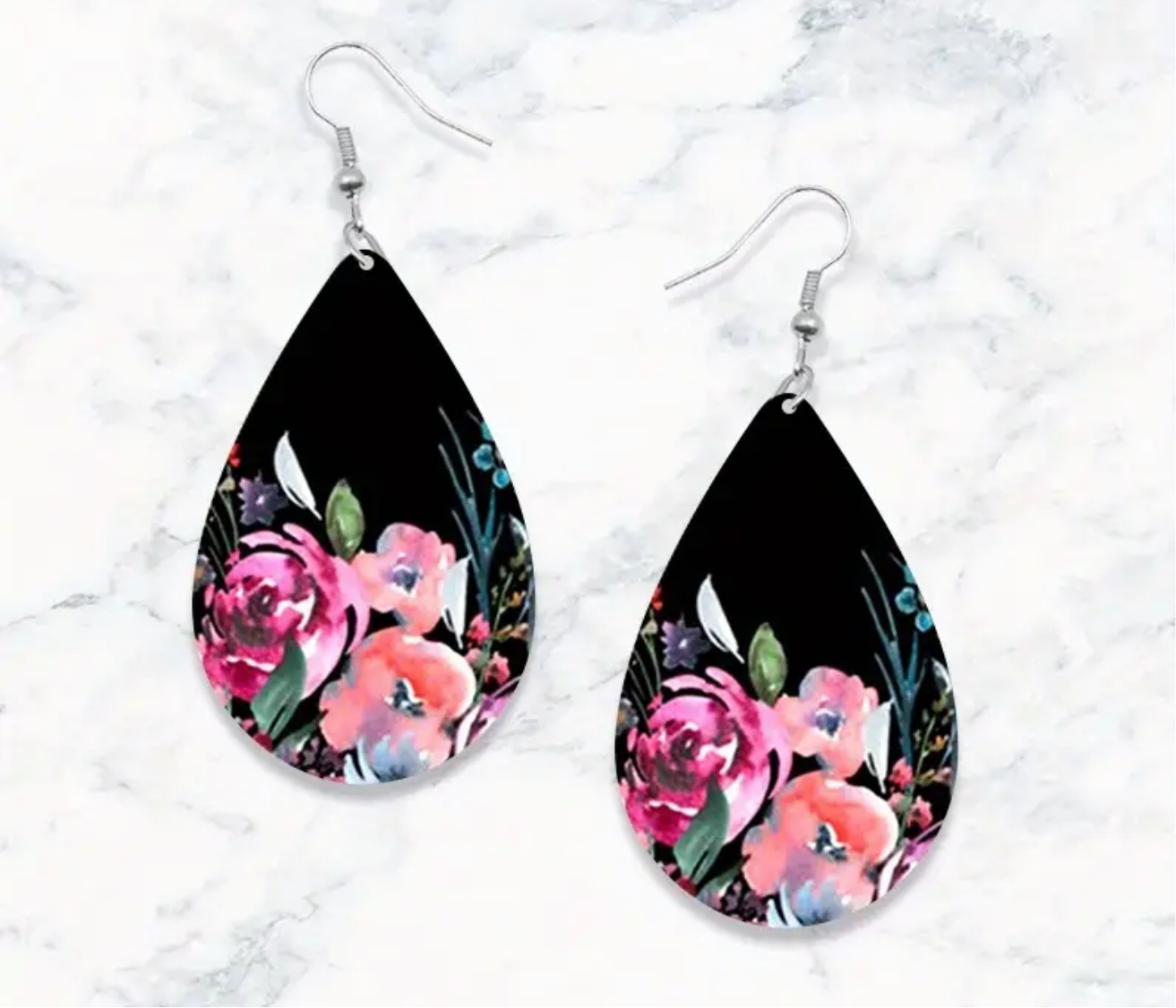 Midnight Garden Teardrop Earrings - Handcrafted Floral Print Leather Earrings | PuzzlePieces Austin