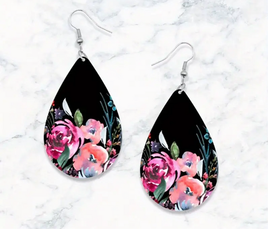 Midnight Garden Teardrop Earrings - Handcrafted Floral Print Leather Earrings | PuzzlePieces Austin