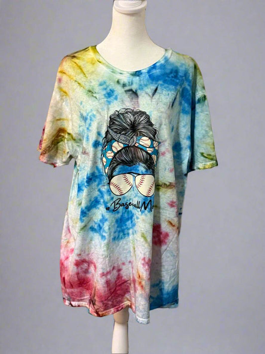 #Baseball Mom Messy Bun Tie-Dye T-Shirt - PuzzlePieces2326
