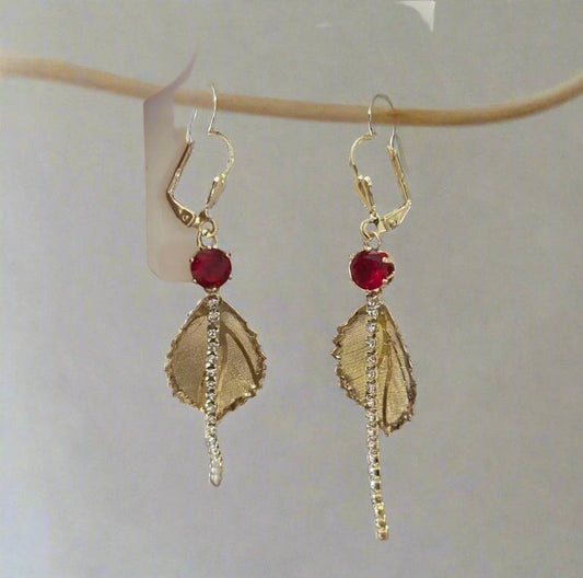 ✨ GOLDEN LEAF & RUBY DROP EARRINGS Vintage Romance | Elegant Nature - PuzzlePieces2326