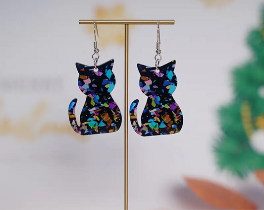 Holographic Black Cat Earrings | Rainbow Confetti Design | Stainless Steel Dangle