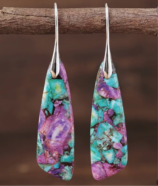 Bohemian Natural Stone Earrings | Turquoise Purple Mosaic | Handcrafted Statement Dangle