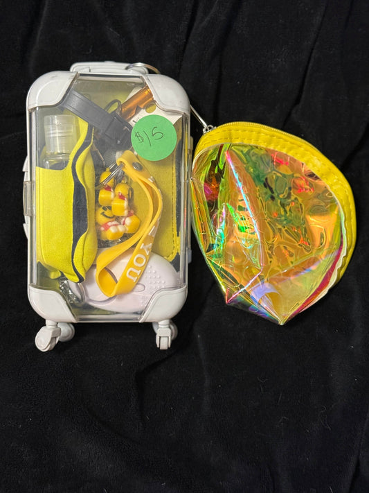 ✈️ Mini Suitcase Earbuds Case & Holographic Coin Purse Set - Travel Chic 💛 - PuzzlePieces2326