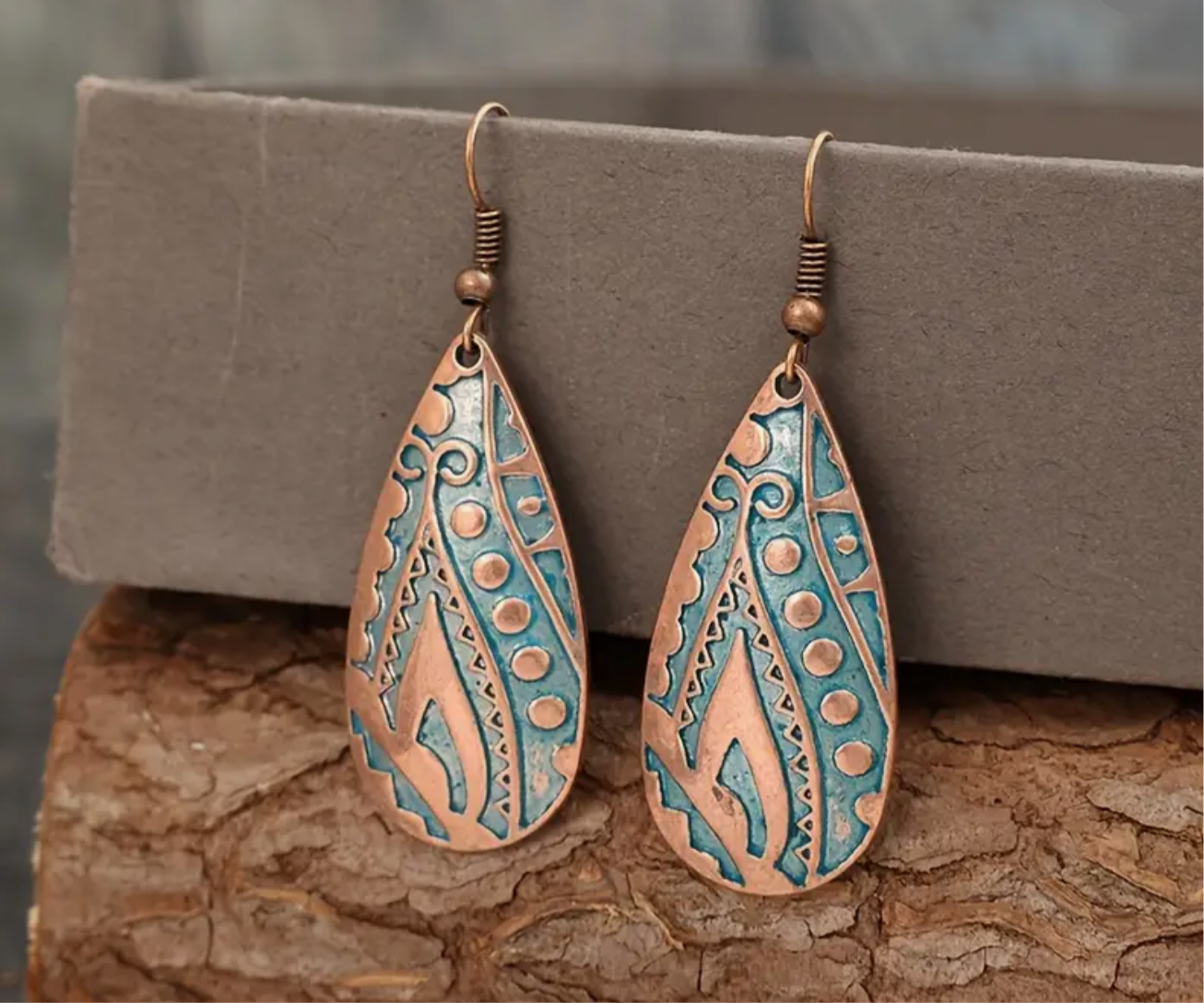 Boho-Chic Turquoise Pattern Teardrop Earrings | Vintage Copper Dangle | Southwestern Style
