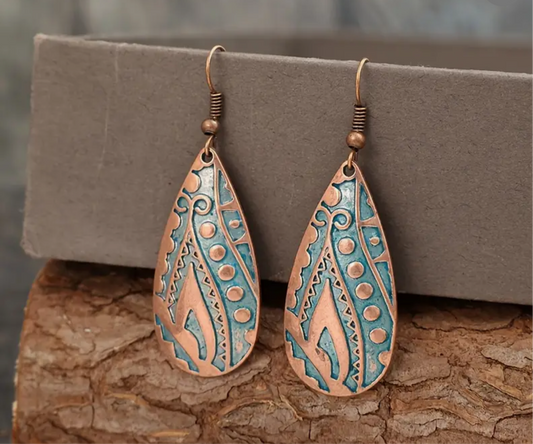 Boho-Chic Turquoise Pattern Teardrop Earrings | Vintage Copper Dangle | Southwestern Style