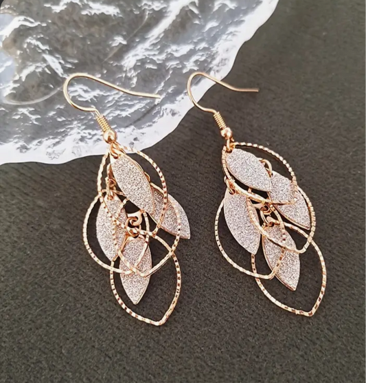 Stunning Rose Gold Glitter Leaf Dangle Earrings - Handcrafted Statement Jewelry | PuzzlePieces Austin