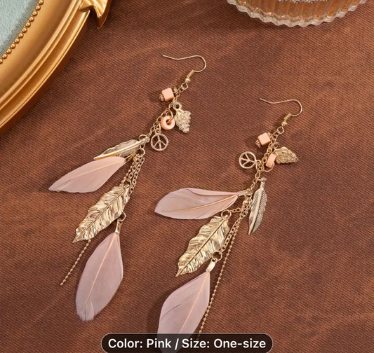 Peace & Feathers Boho Charm Earrings - Handcrafted Pink Feather Earrings | PuzzlePieces Austin