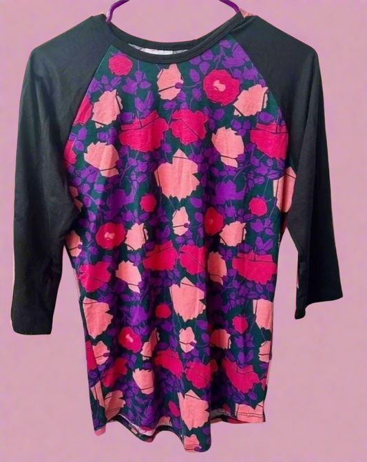 LulaRoe Blooming Garden Raglan Top - Vintage Floral 3/4 Sleeve Baseball Tee"